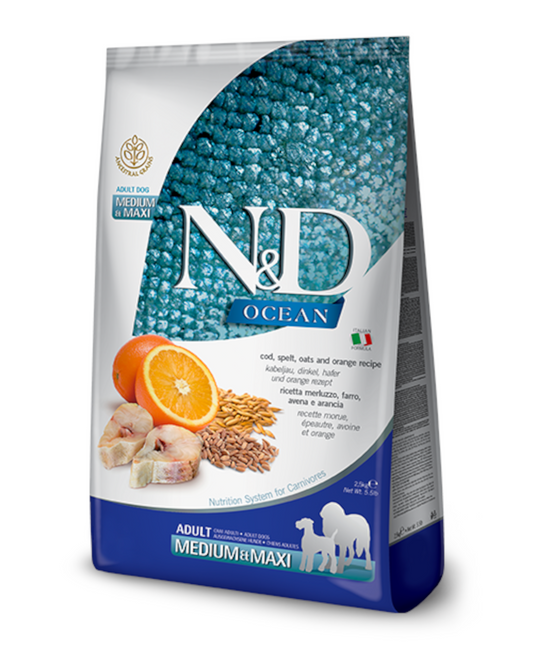 N&D Ocean Adult - Merluzzo, Farro, Avena e Arancia - Medium/Maxi